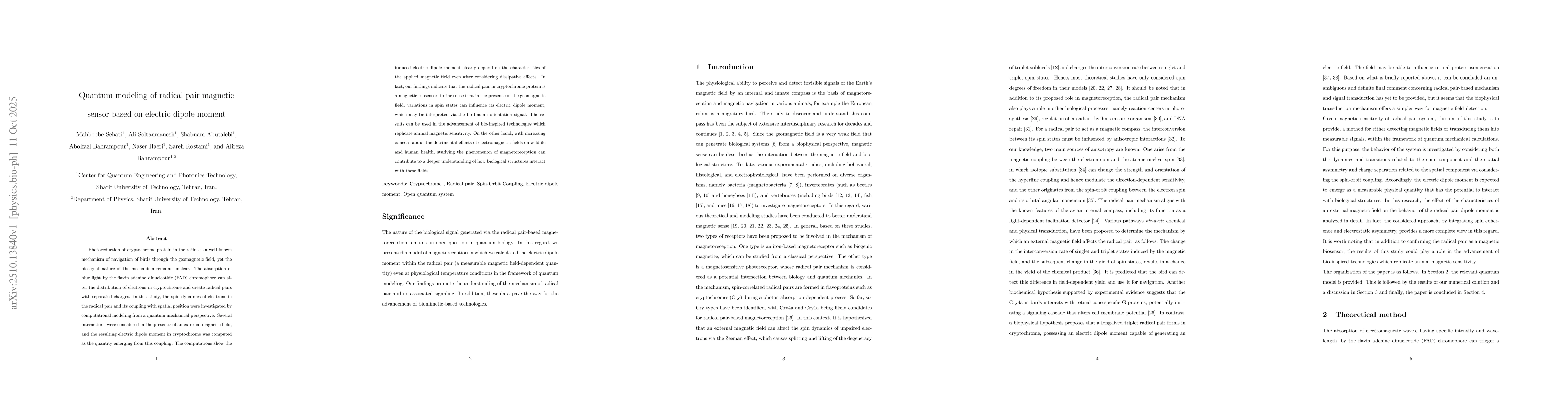 Thumbnail for Quantum modeling of radical pair magnetic sensor based on electric
  dipole moment