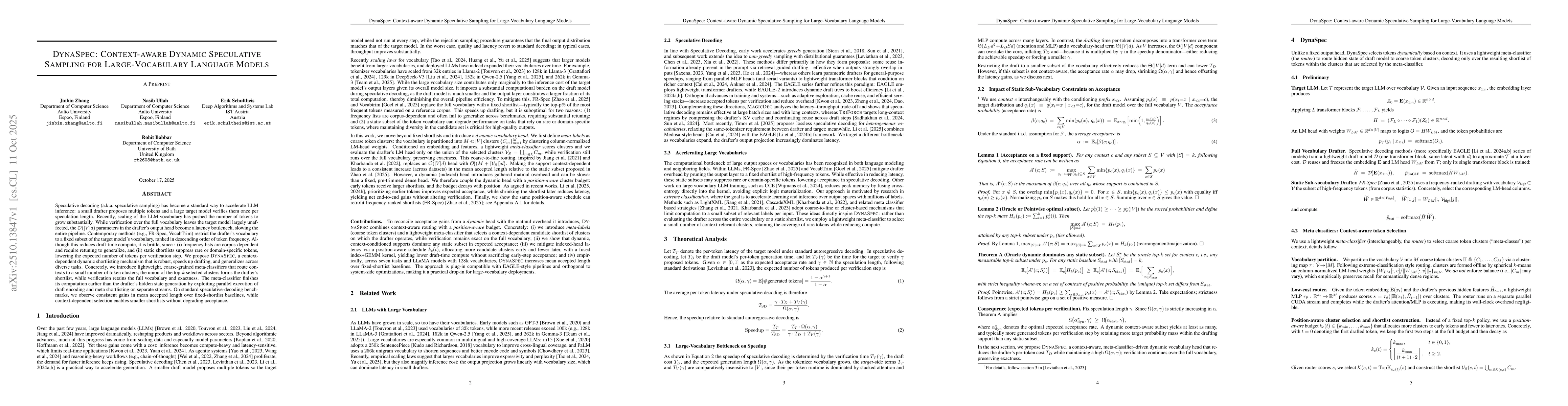 Thumbnail for DynaSpec: Context-aware Dynamic Speculative Sampling for
  Large-Vocabulary Language Models