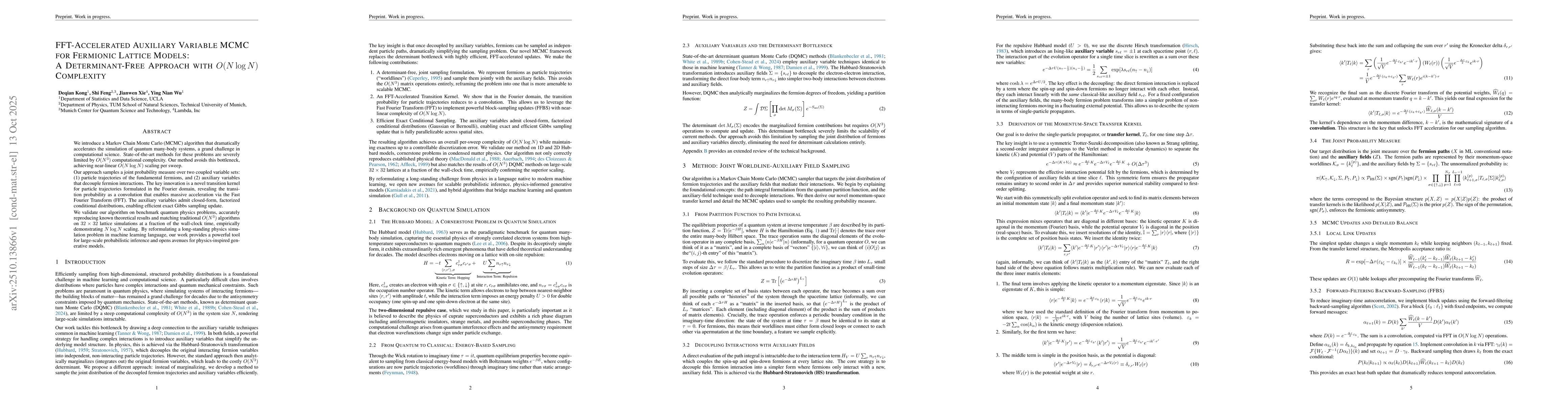 Thumbnail for FFT-Accelerated Auxiliary Variable MCMC for Fermionic Lattice Models: A
  Determinant-Free Approach with $O(N\log N)$ Complexity