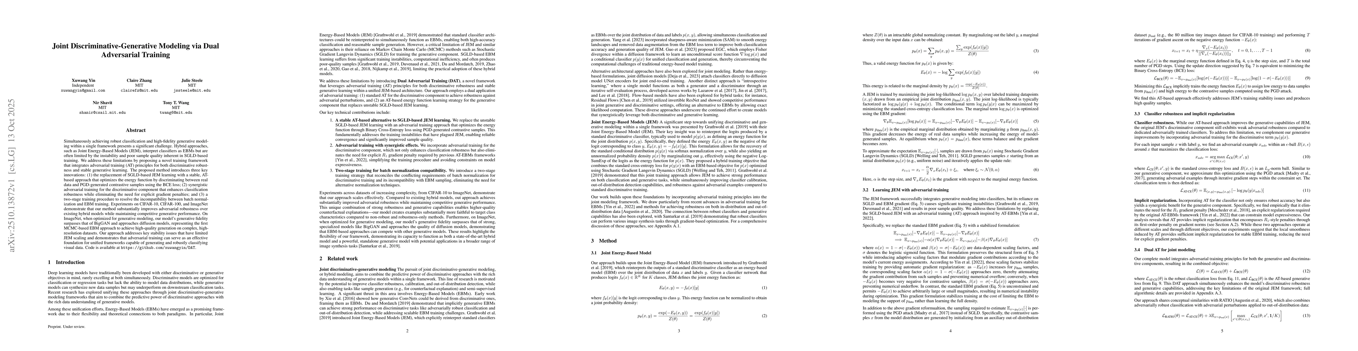 Thumbnail for Joint Discriminative-Generative Modeling via Dual Adversarial Training