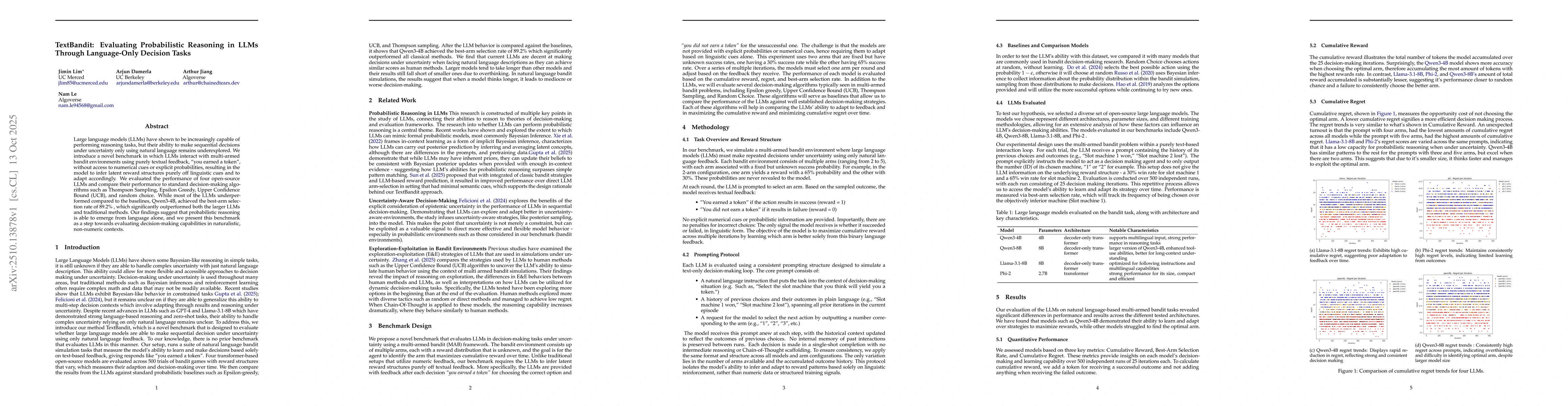 Thumbnail for TextBandit: Evaluating Probabilistic Reasoning in LLMs Through
  Language-Only Decision Tasks
