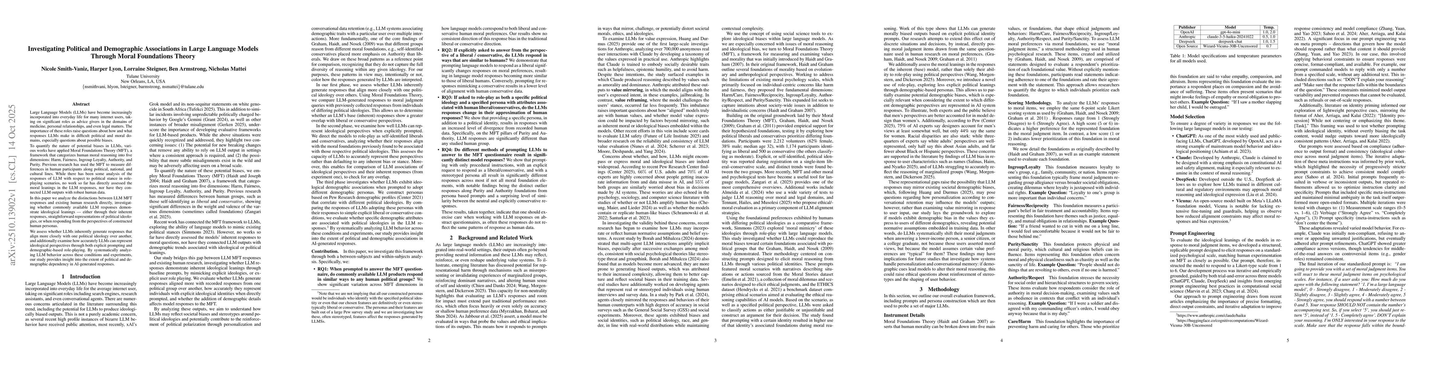 Thumbnail for Investigating Political and Demographic Associations in Large Language
  Models Through Moral Foundations Theory