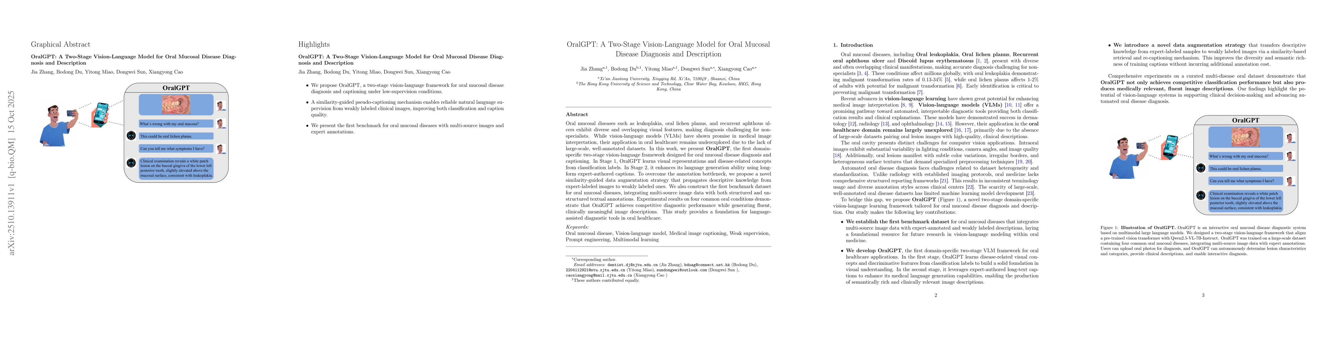 Thumbnail for OralGPT: A Two-Stage Vision-Language Model for Oral Mucosal Disease
  Diagnosis and Description