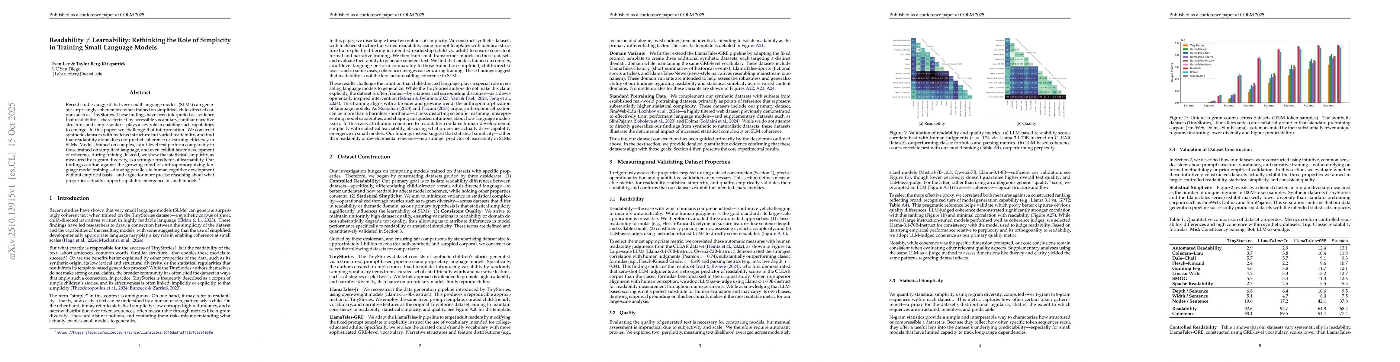 Thumbnail for Readability $\ne$ Learnability: Rethinking the Role of Simplicity in
  Training Small Language Models