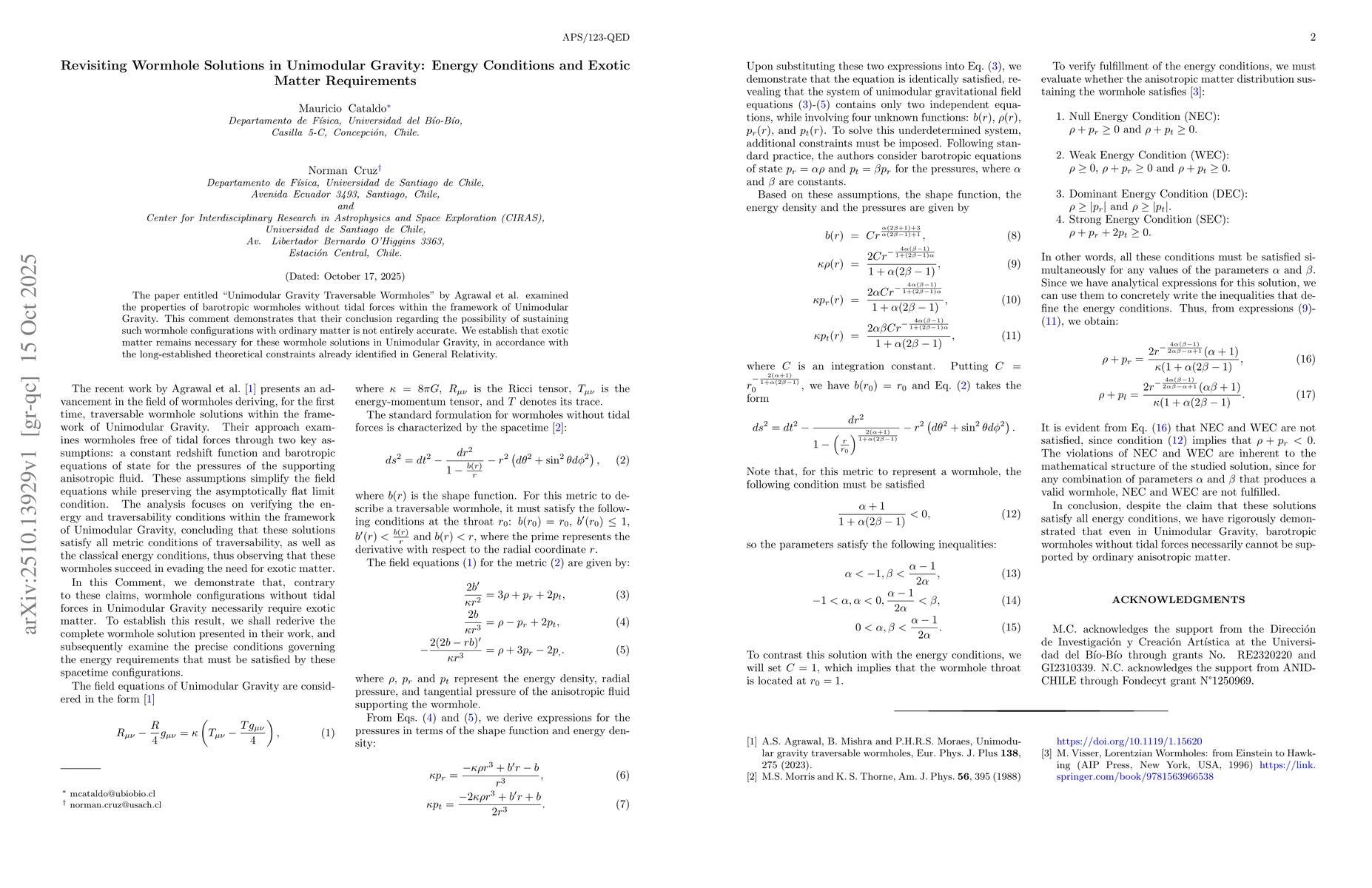 Thumbnail for Revisiting Wormhole Solutions in Unimodular Gravity: Energy Conditions
  and Exotic Matter Requirements
