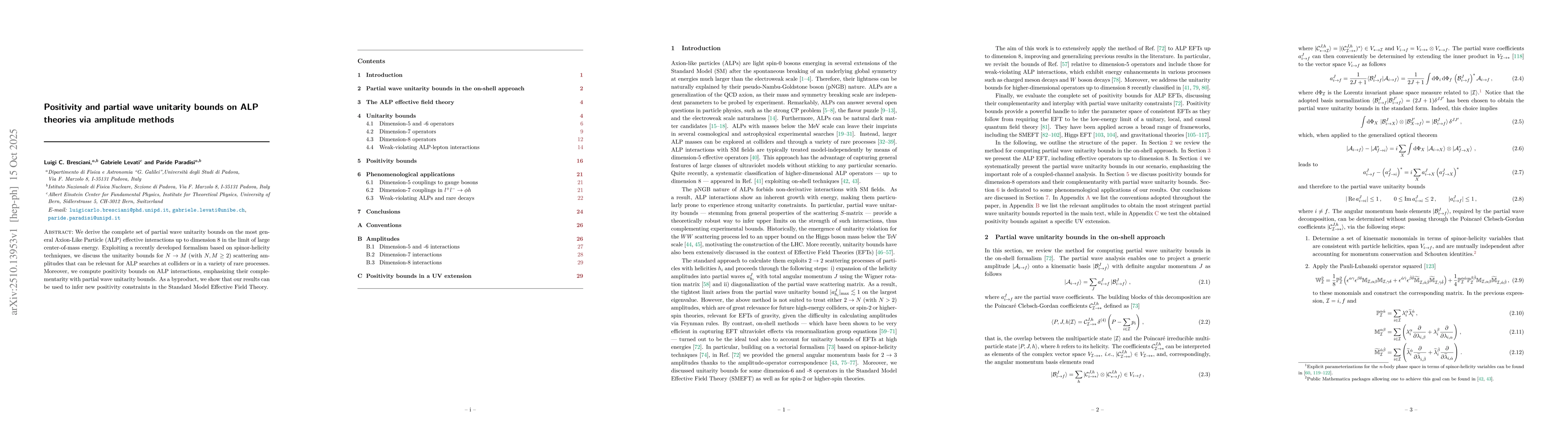 Thumbnail for Positivity and partial wave unitarity bounds on ALP theories via
  amplitude methods