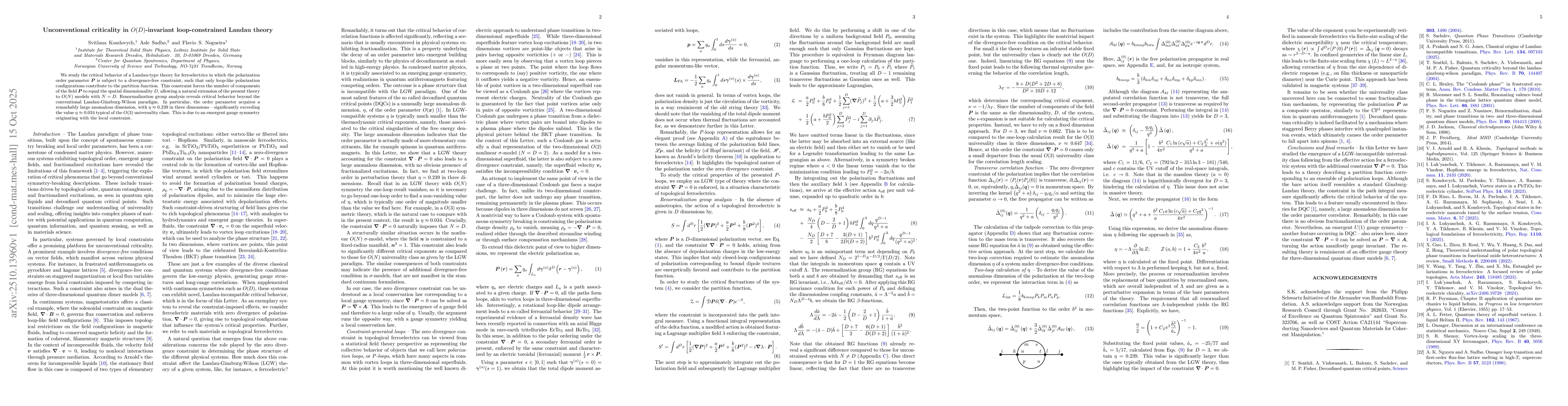 Thumbnail for Unconventional criticality in $O(D)$-invariant loop-constrained Landau
  theory