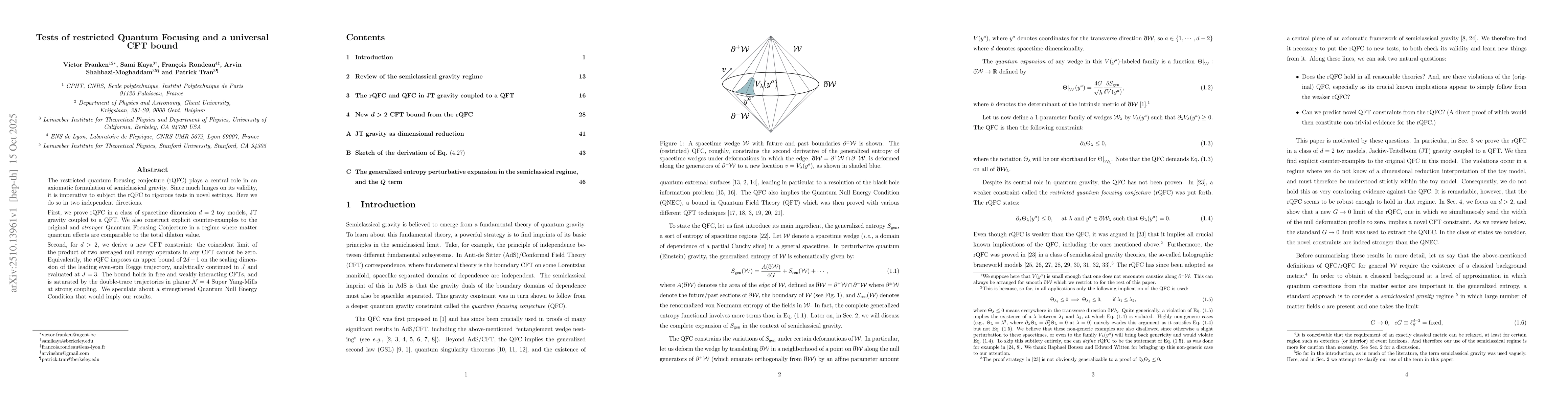 Thumbnail for Tests of restricted Quantum Focusing and a universal CFT bound
