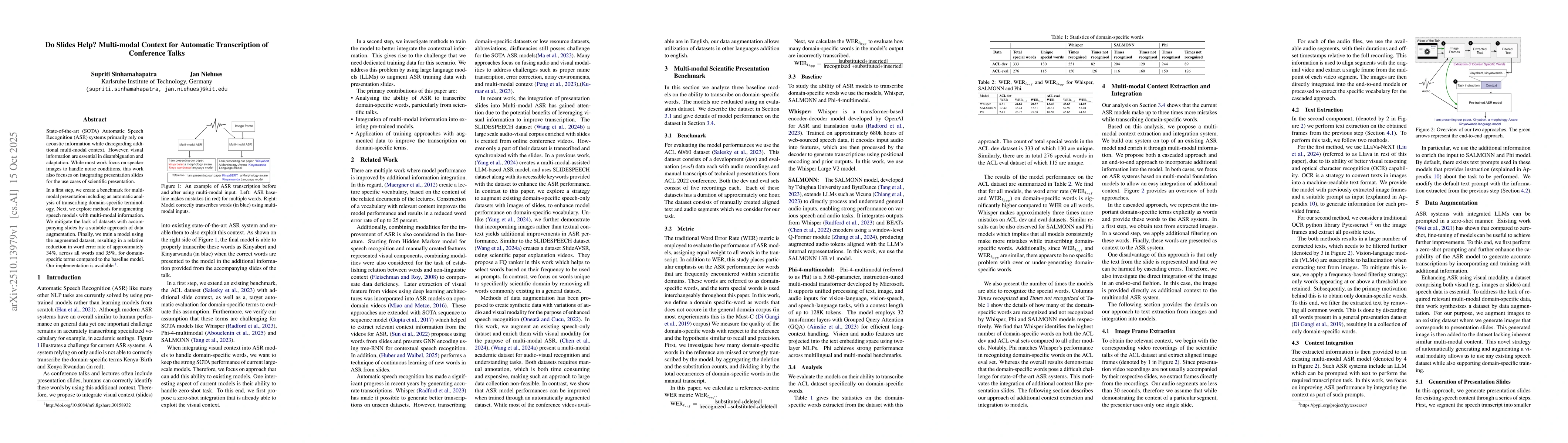 Thumbnail for Do Slides Help? Multi-modal Context for Automatic Transcription of
  Conference Talks
