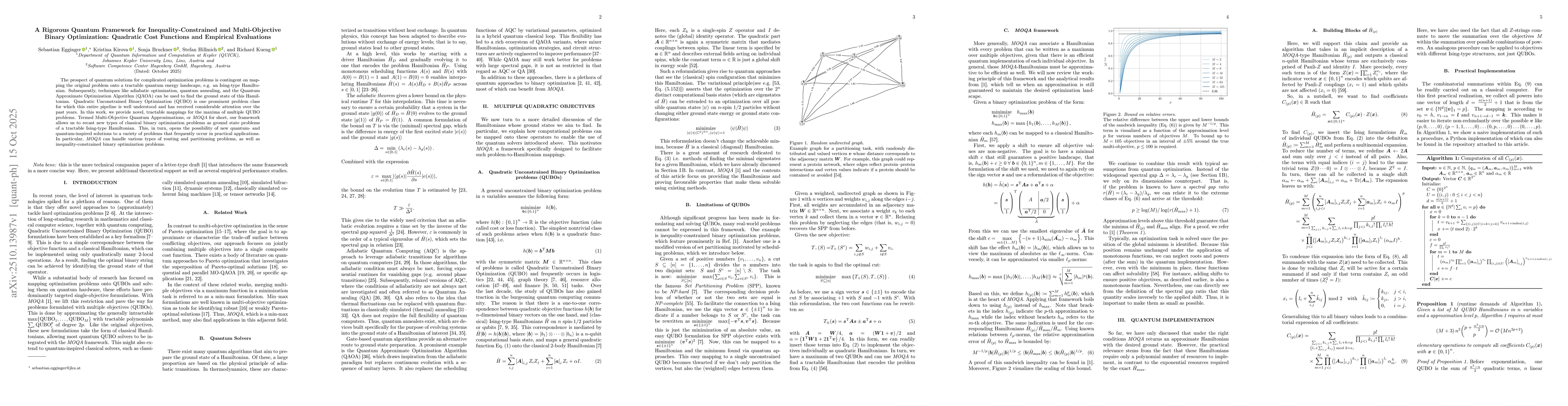 Thumbnail for A Rigorous Quantum Framework for Inequality-Constrained and
  Multi-Objective Binary Optimization: Quadratic Cost Functions and Empirical
  Evaluations
