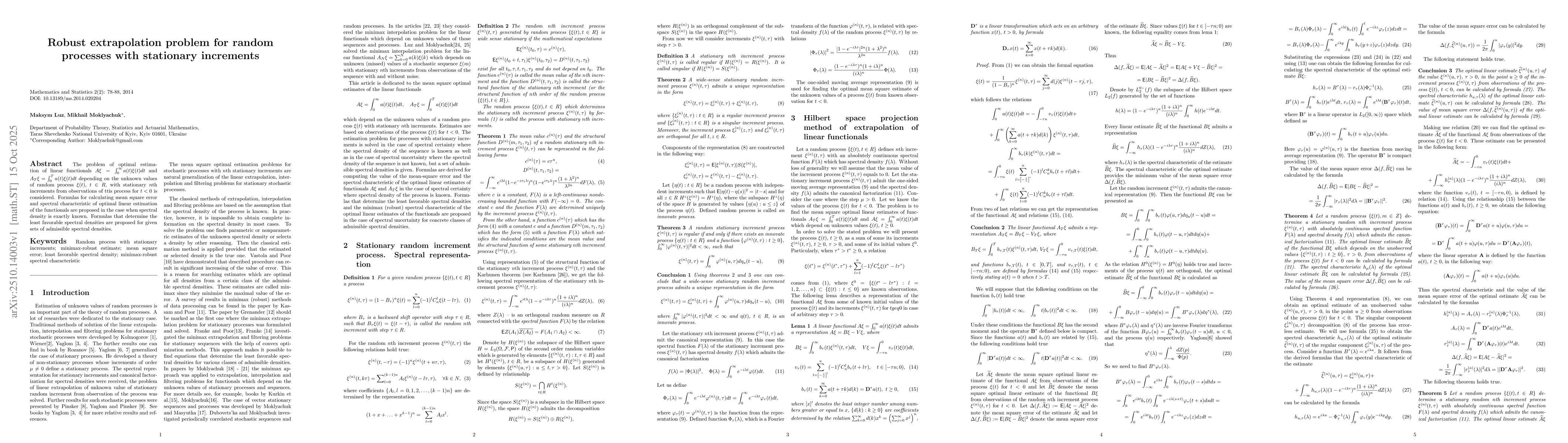 Thumbnail for Robust extrapolation problem for random processes with stationary
  increments