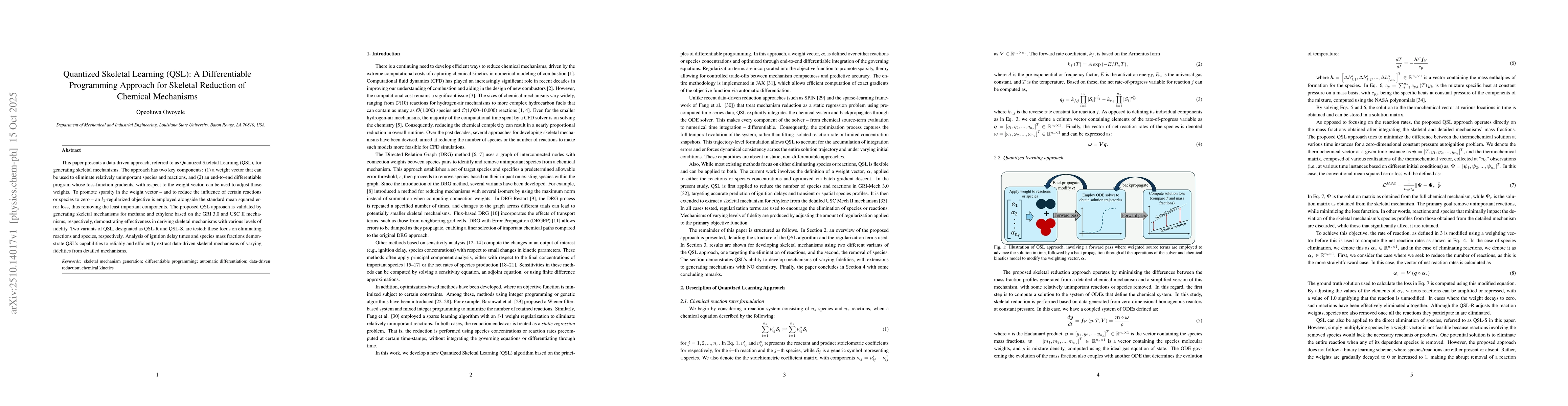 Thumbnail for Quantized Skeletal Learning (QSL): A Differentiable Programming Approach
  for Skeletal Reduction of Chemical Mechanisms