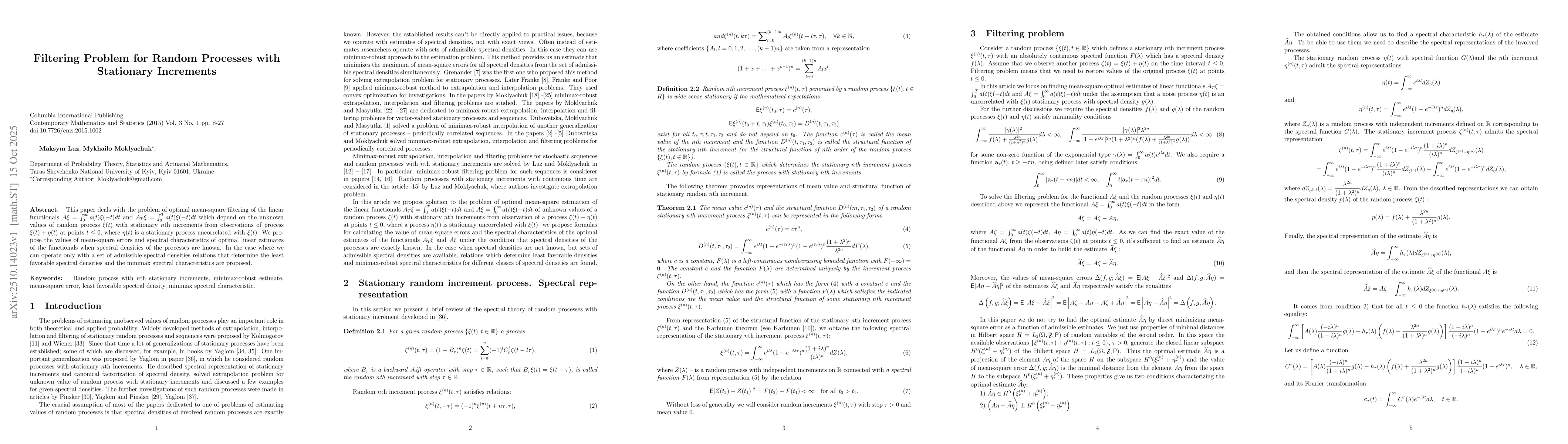 Thumbnail for Filtering Problem for Random Processes with Stationary Increments