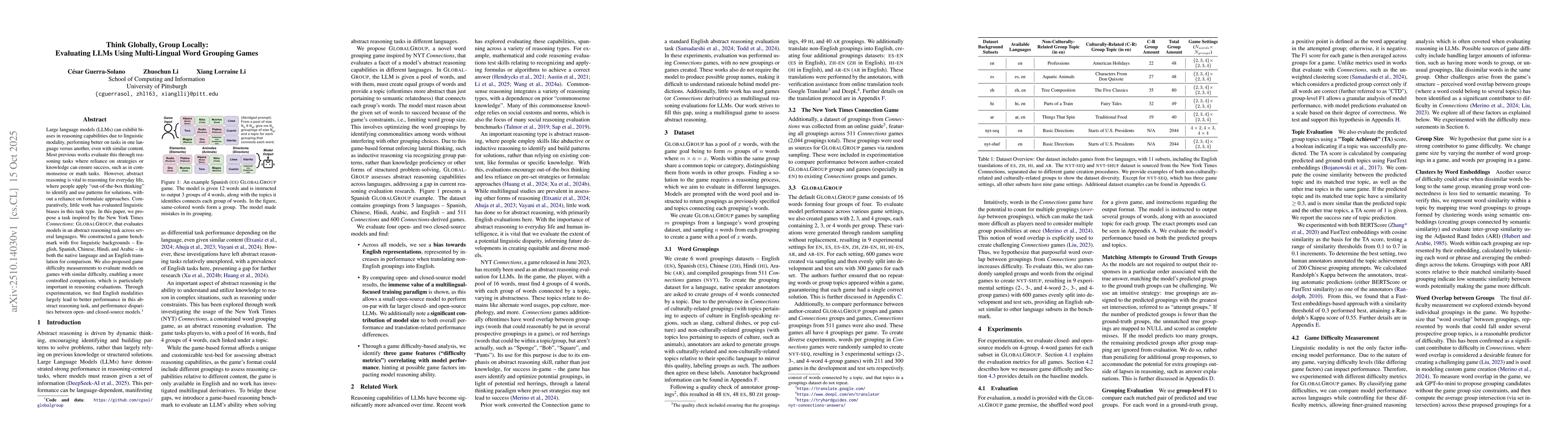 Thumbnail for Think Globally, Group Locally: Evaluating LLMs Using Multi-Lingual Word
  Grouping Games