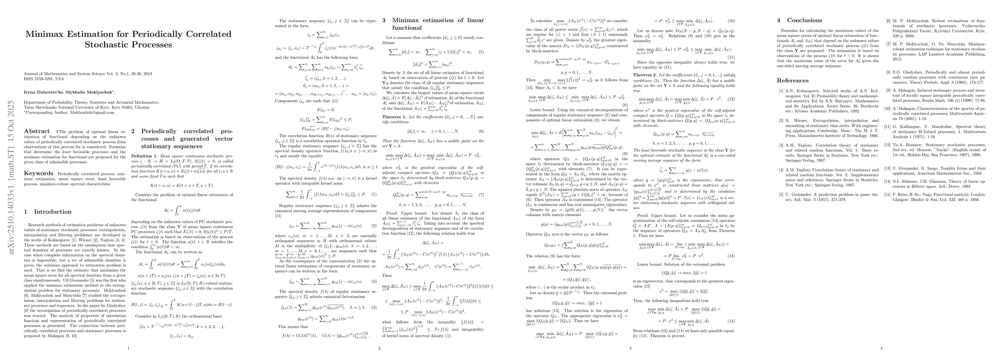 Thumbnail for Minimax Estimation for Periodically Correlated Stochastic Processes