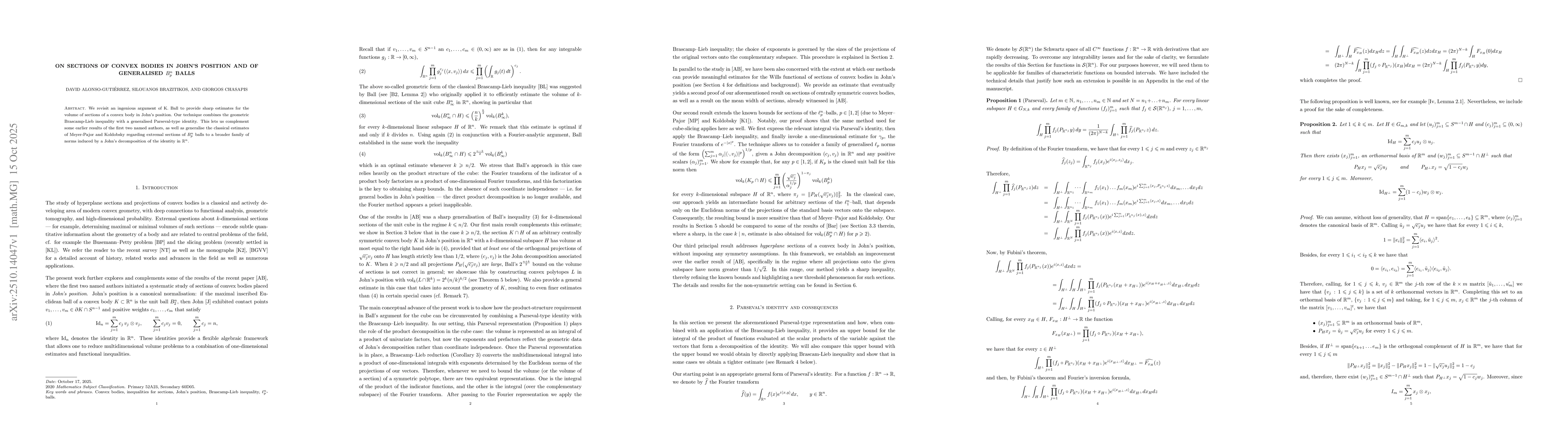Thumbnail for On Sections of Convex Bodies in John's Position and of Generalised
  $B_p^n$ Balls