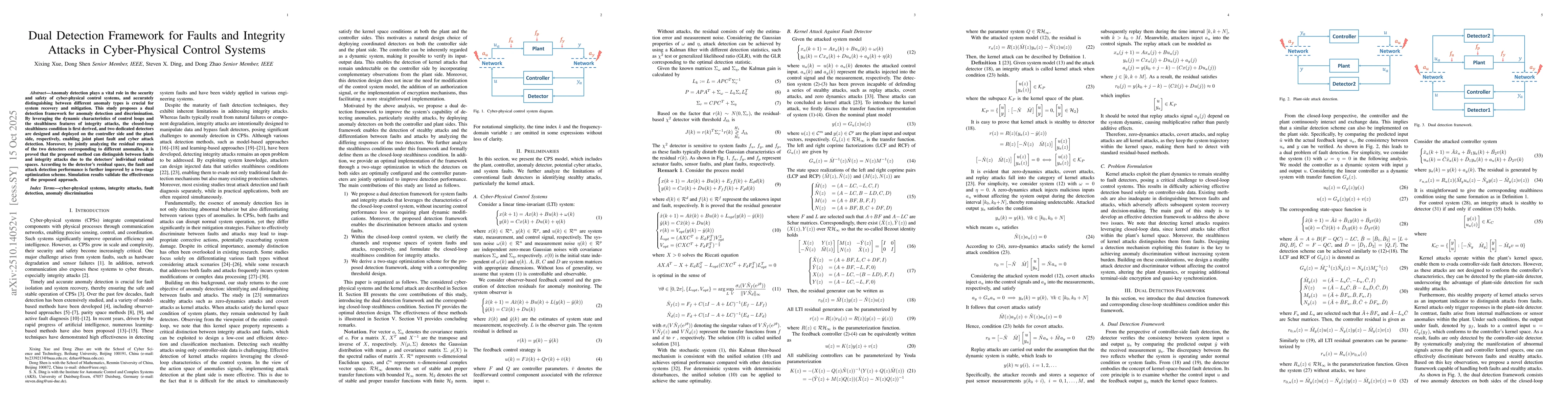 Thumbnail for Dual Detection Framework for Faults and Integrity Attacks in
  Cyber-Physical Control Systems