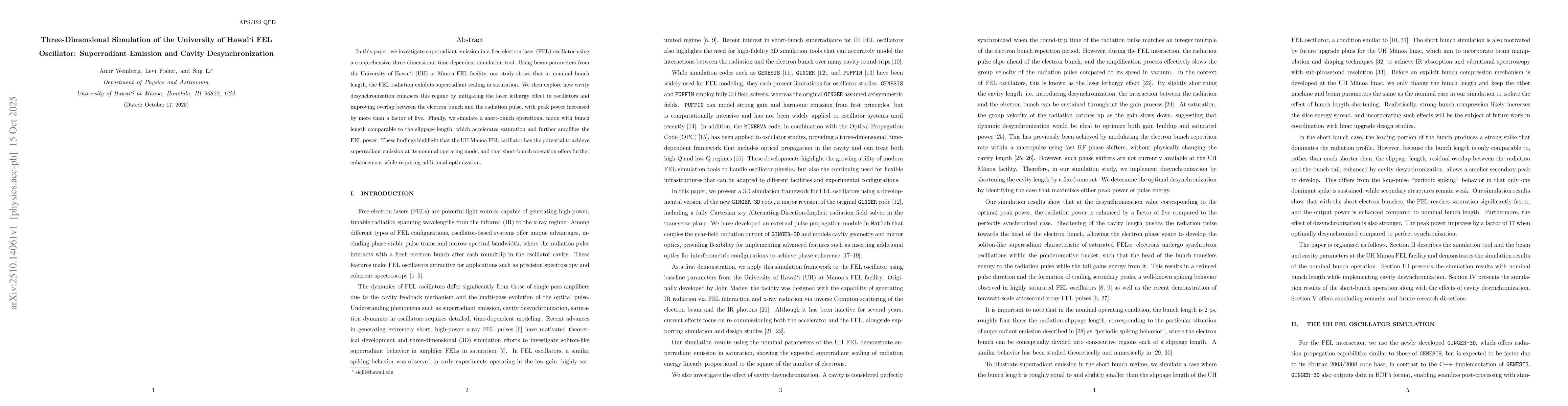 Thumbnail for Three-Dimensional Simulation of the University of Hawai`i FEL
  Oscillator: Superradiant Emission and Cavity Desynchronization