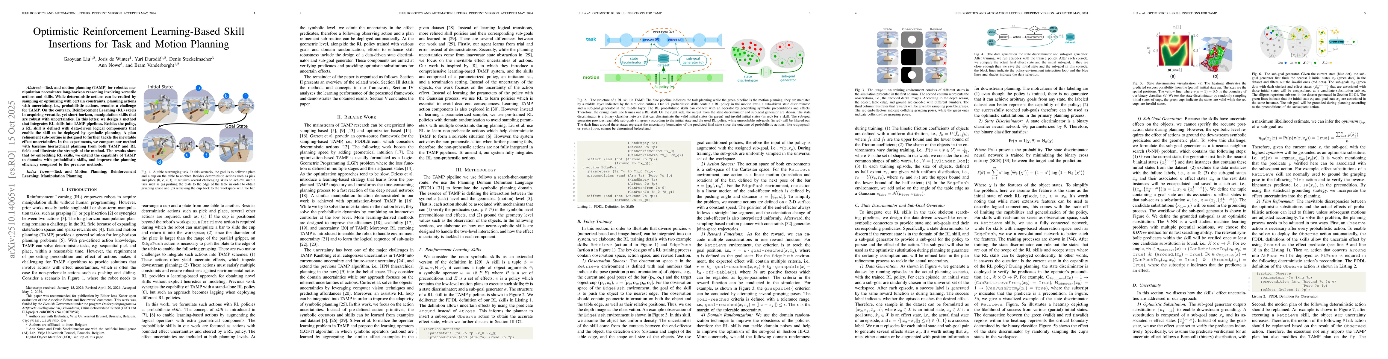Thumbnail for Optimistic Reinforcement Learning-Based Skill Insertions for Task and
  Motion Planning
