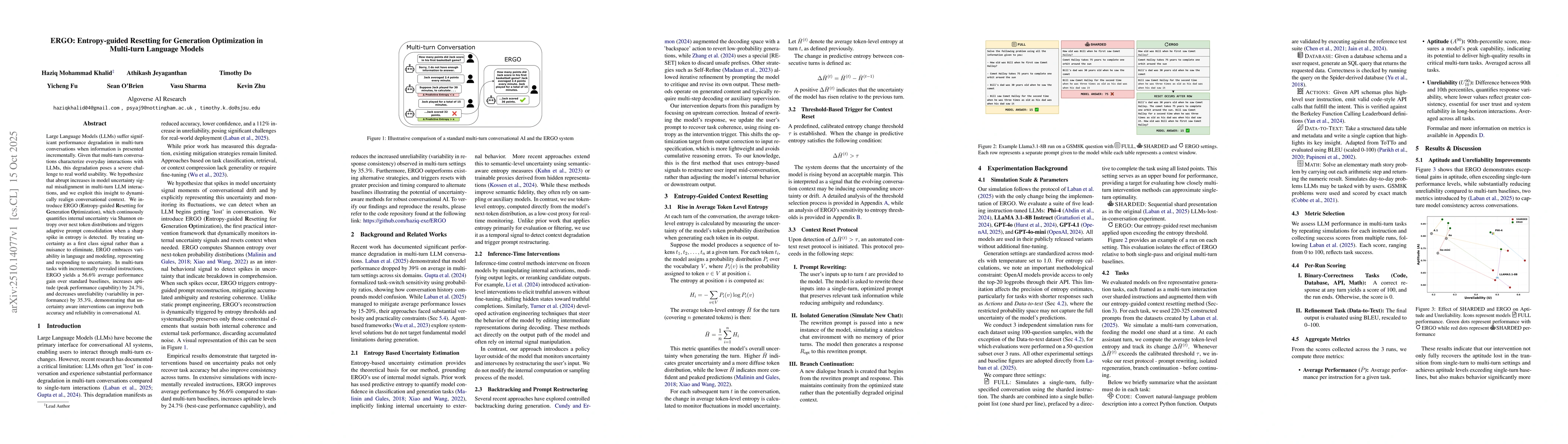 Thumbnail for ERGO: Entropy-guided Resetting for Generation Optimization in Multi-turn
  Language Models