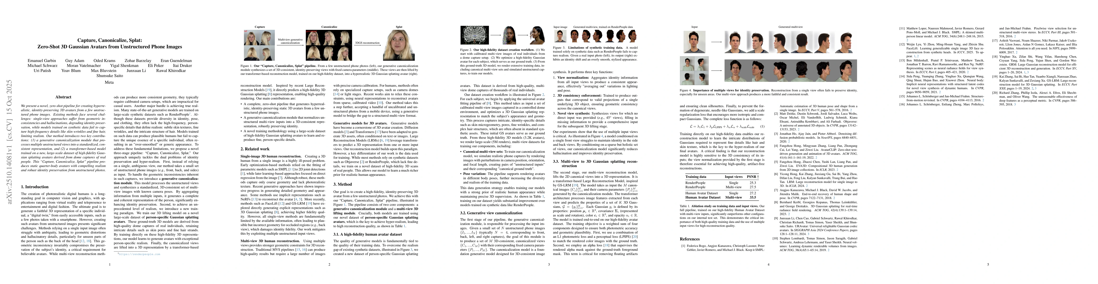 Thumbnail for Capture, Canonicalize, Splat: Zero-Shot 3D Gaussian Avatars from
  Unstructured Phone Images