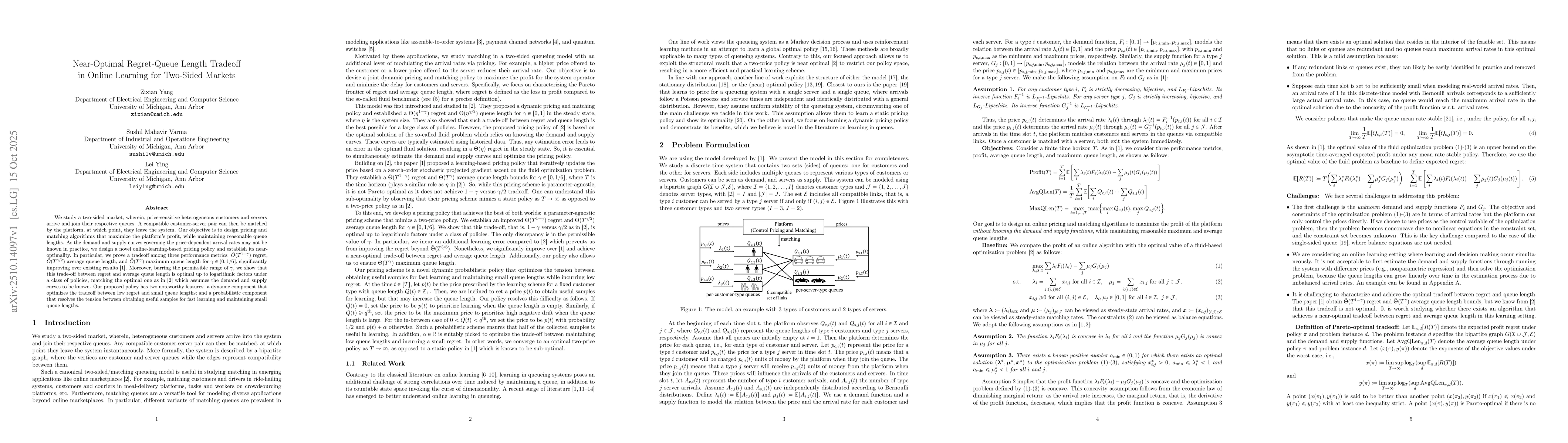 Thumbnail for Near-Optimal Regret-Queue Length Tradeoff in Online Learning for
  Two-Sided Markets