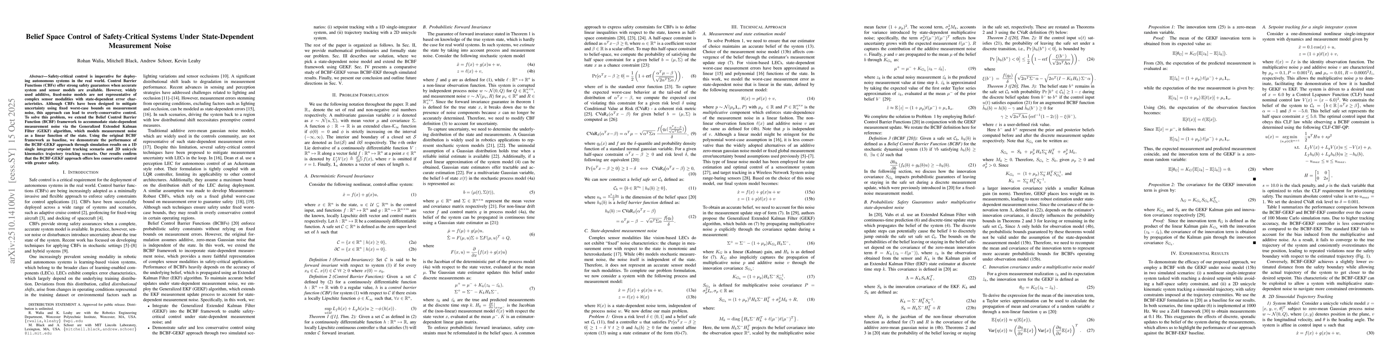 Thumbnail for Belief Space Control of Safety-Critical Systems Under State-Dependent
  Measurement Noise