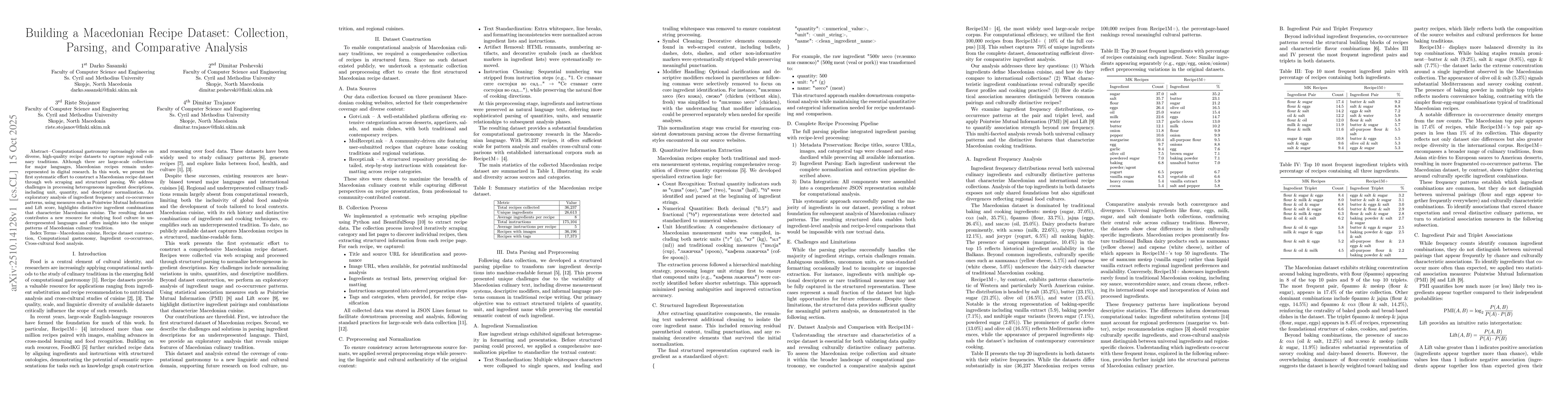 Thumbnail for Building a Macedonian Recipe Dataset: Collection, Parsing, and
  Comparative Analysis