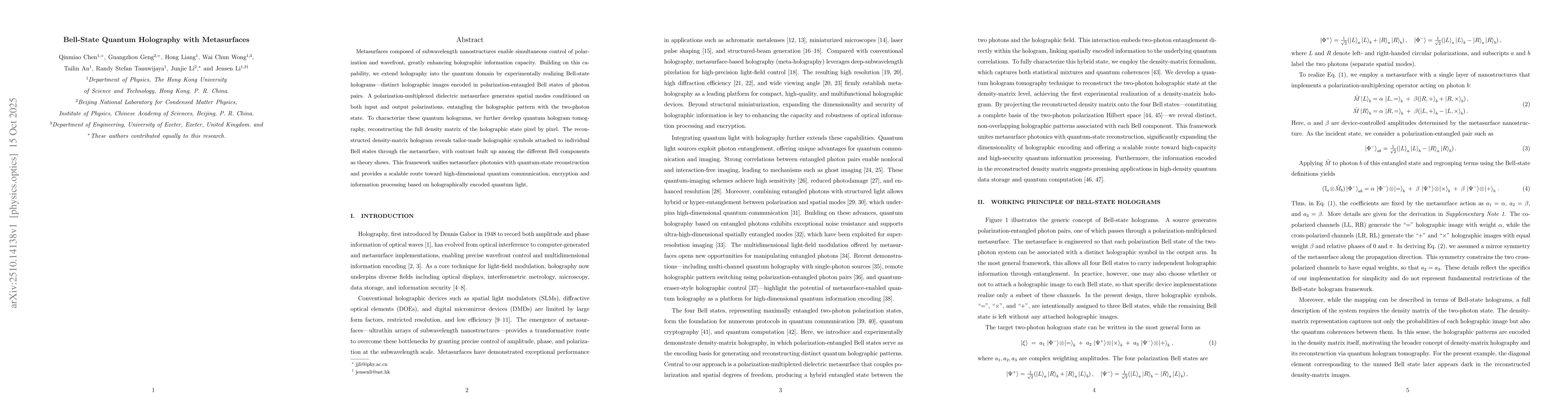 Thumbnail for Bell-State Quantum Holography with Metasurfaces