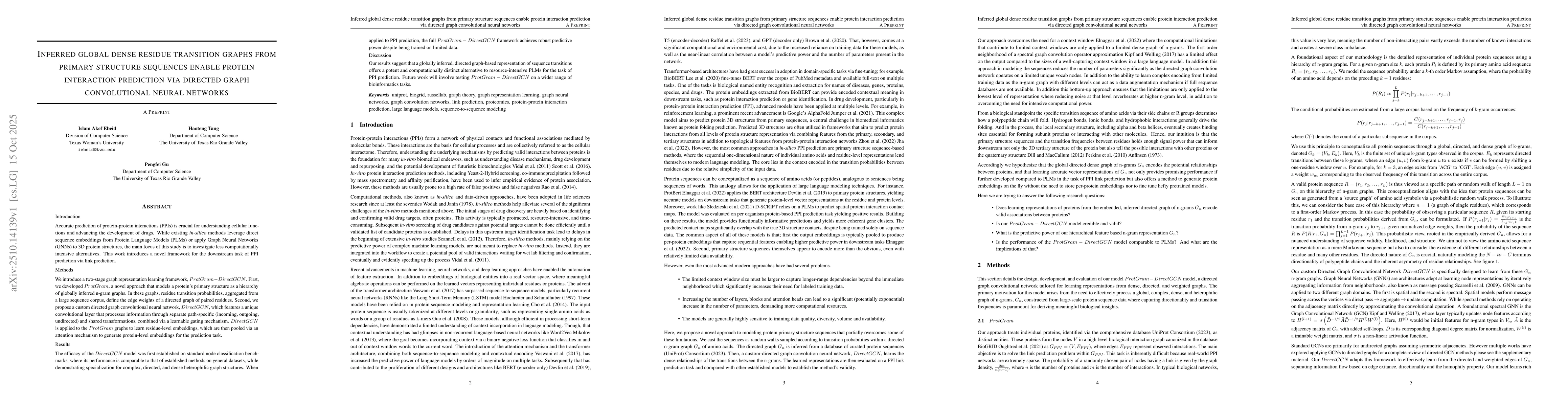 Thumbnail for Inferred global dense residue transition graphs from primary structure
  sequences enable protein interaction prediction via directed graph
  convolutional neural networks