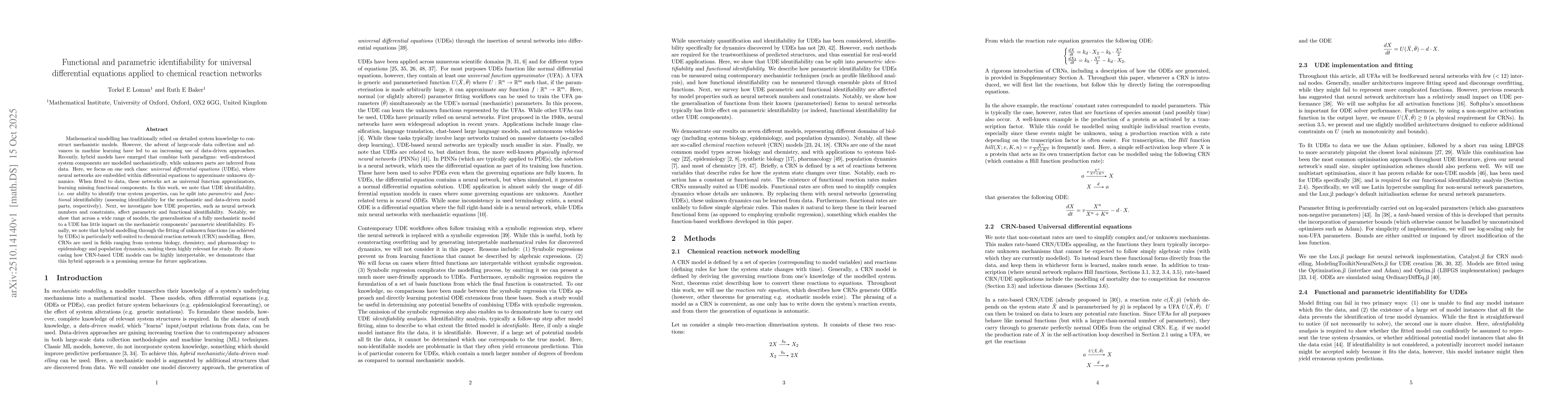 Thumbnail for Functional and parametric identifiability for universal differential
  equations applied to chemical reaction networks