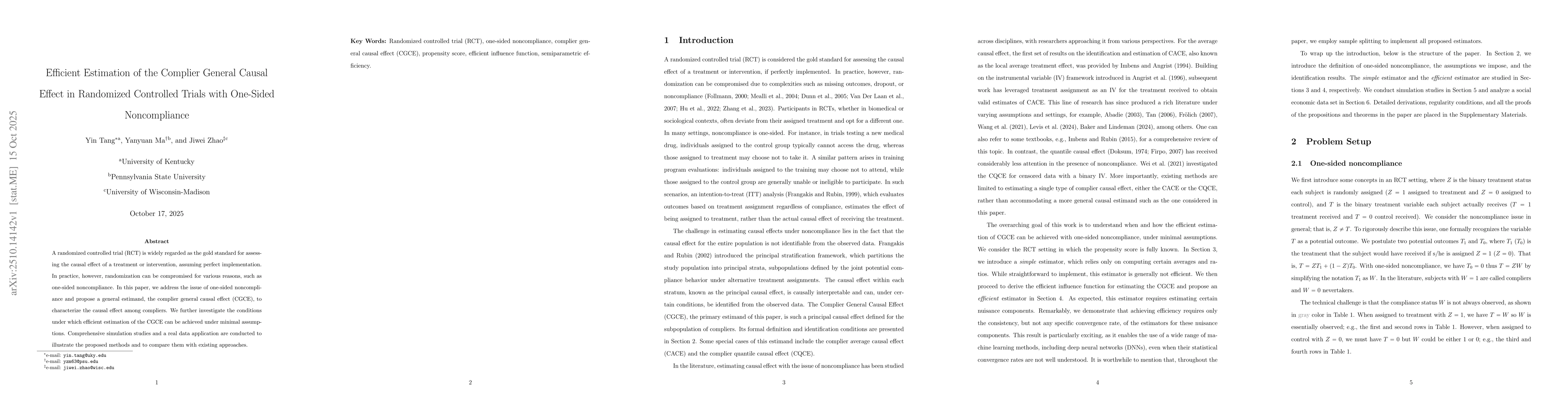 Thumbnail for Efficient Estimation of the Complier General Causal Effect in Randomized
  Controlled Trials with One-Sided Noncompliance