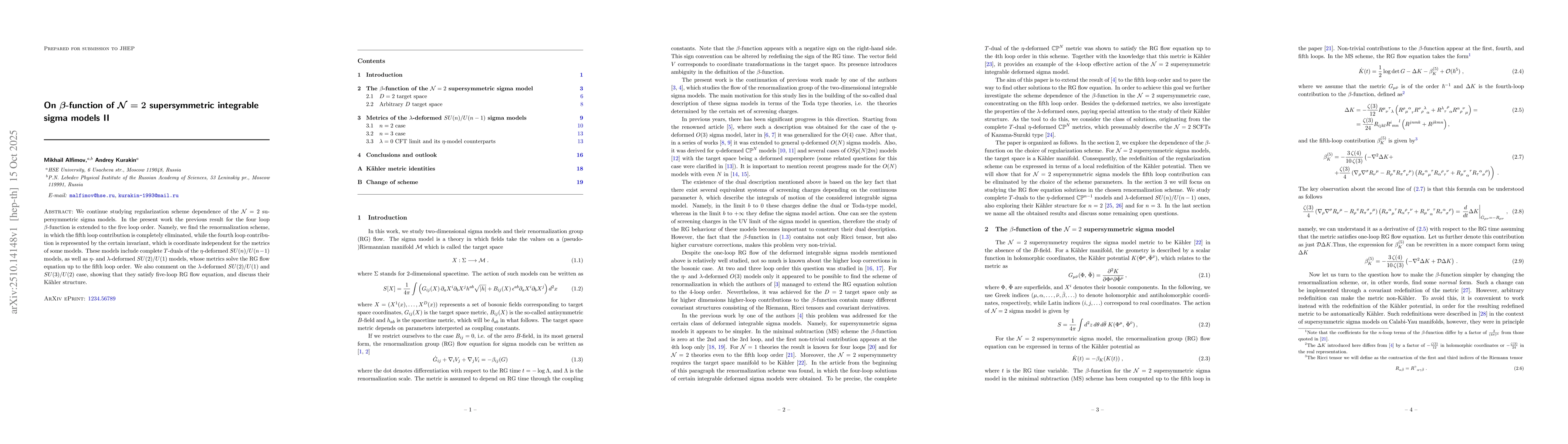 Thumbnail for On $β$-function of $\mathcal{N}=2$ supersymmetric integrable sigma
  models II