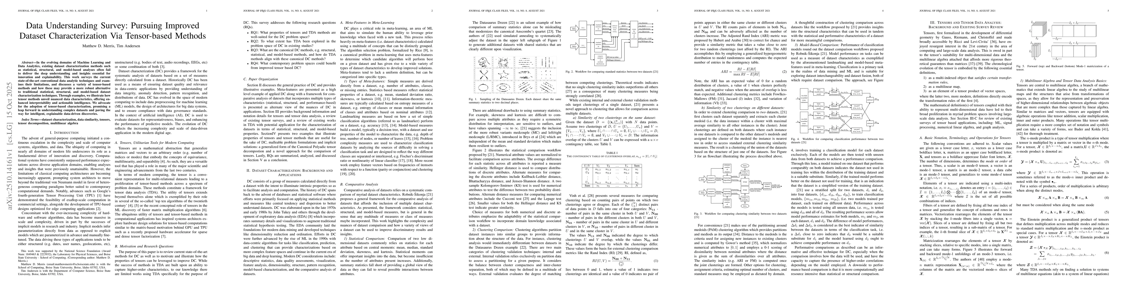 Thumbnail for Data Understanding Survey: Pursuing Improved Dataset Characterization
  Via Tensor-based Methods