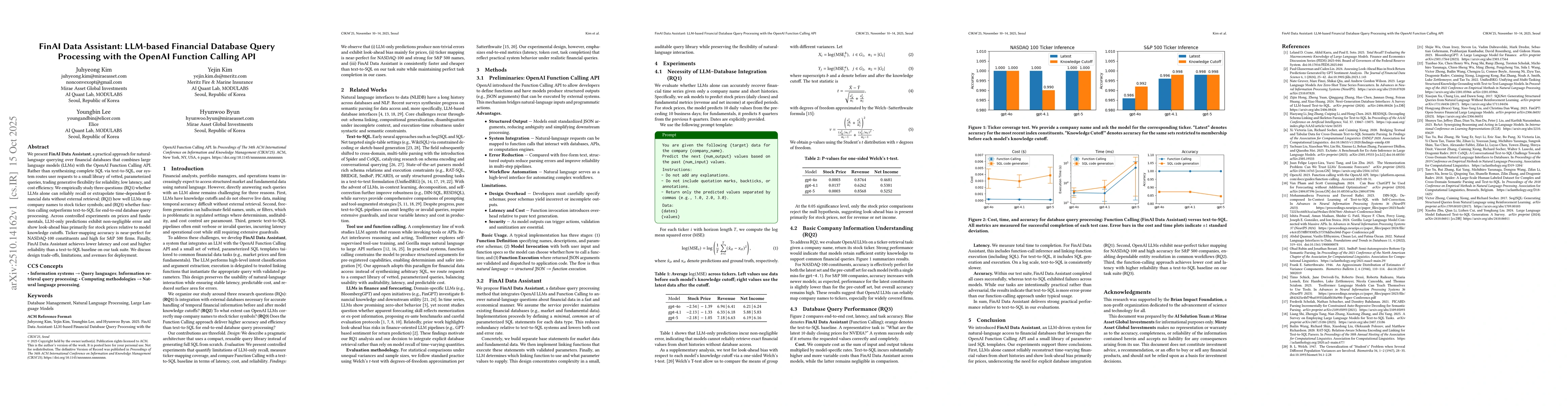 Thumbnail for FinAI Data Assistant: LLM-based Financial Database Query Processing with
  the OpenAI Function Calling API