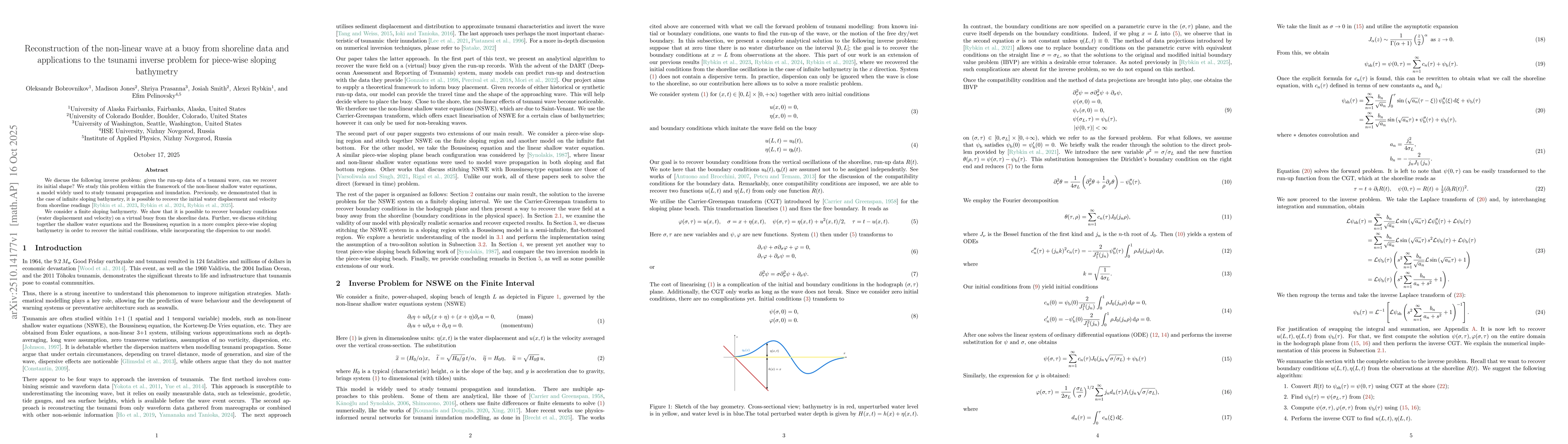 Thumbnail for Reconstruction of the non-linear wave at a buoy from shoreline data and
  applications to the tsunami inverse problem for piece-wise sloping bathymetry