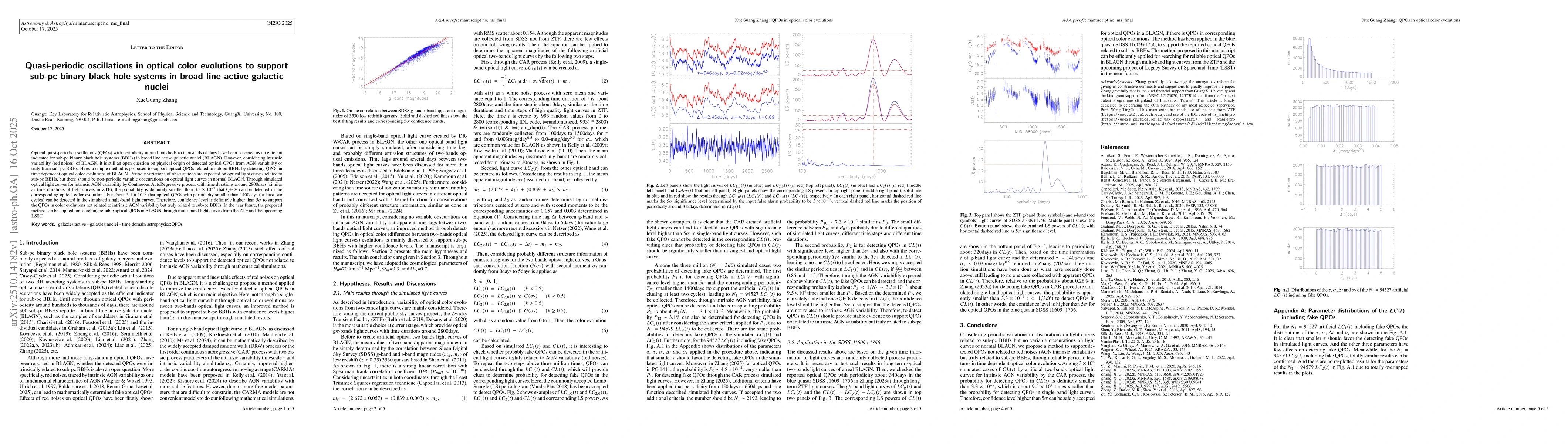 Thumbnail for Quasi-periodic oscillations in optical color evolutions to support
  sub-pc binary black hole systems in broad line active galactic nuclei