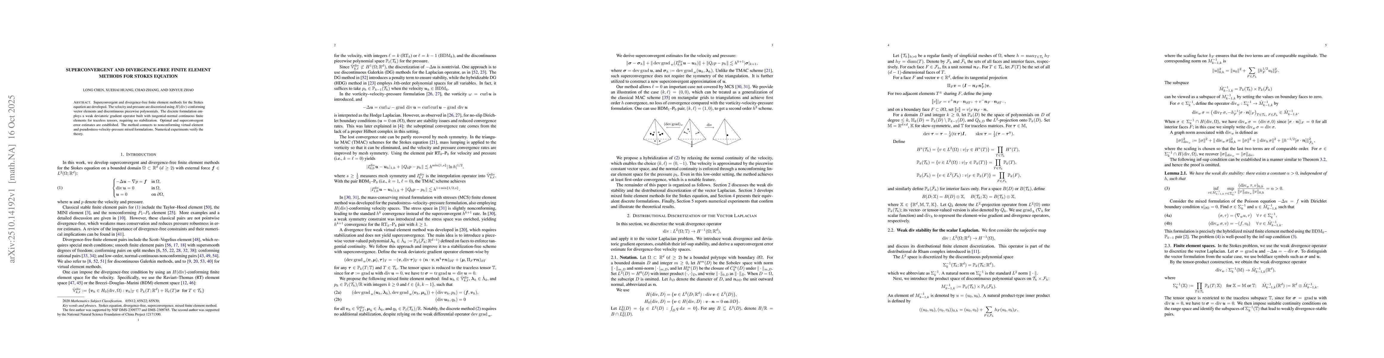 Thumbnail for Superconvergent and Divergence-Free Finite Element Methods for Stokes
  Equation