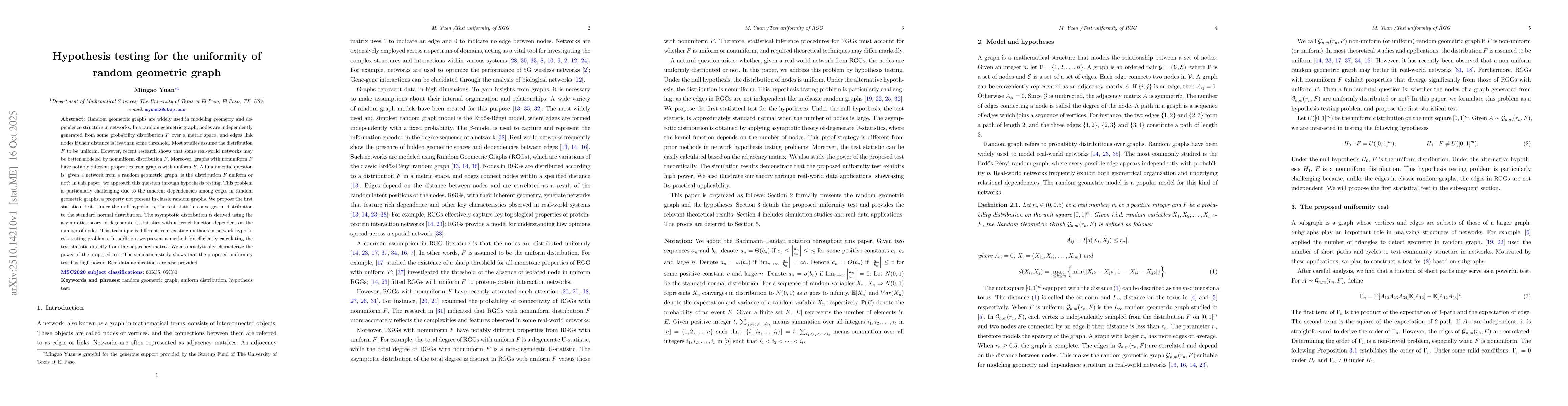 Thumbnail for Hypothesis testing for the uniformity of random geometric graph