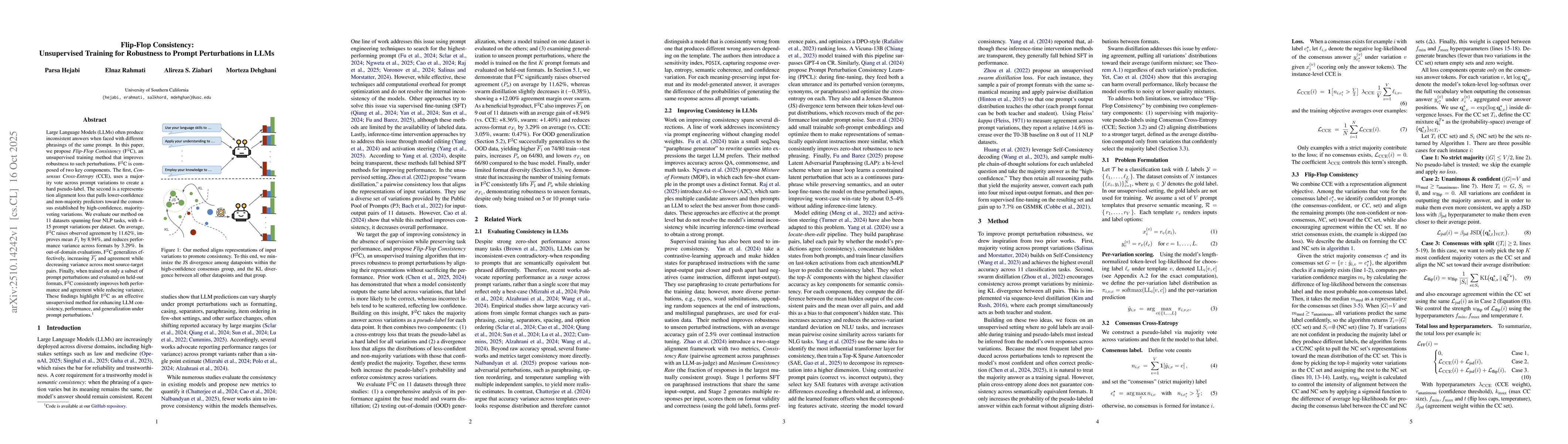 Thumbnail for Flip-Flop Consistency: Unsupervised Training for Robustness to Prompt
  Perturbations in LLMs