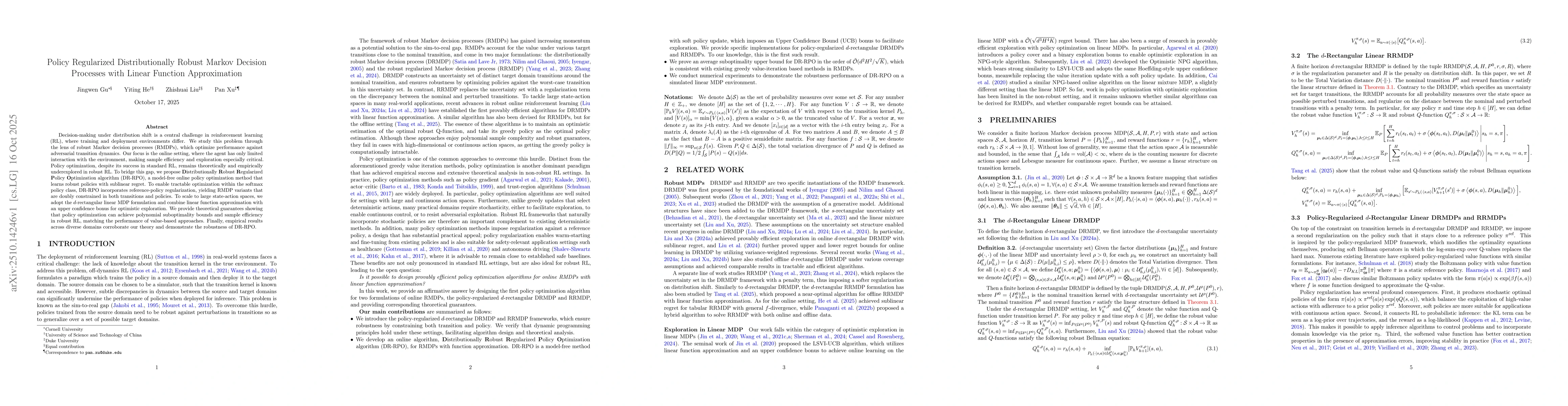 Thumbnail for Policy Regularized Distributionally Robust Markov Decision Processes
  with Linear Function Approximation