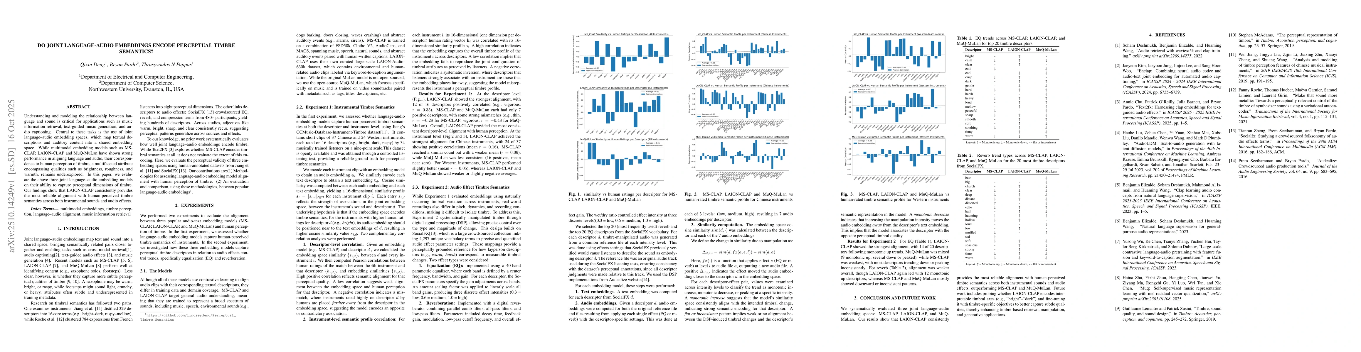 Thumbnail for Do Joint Language-Audio Embeddings Encode Perceptual Timbre Semantics?