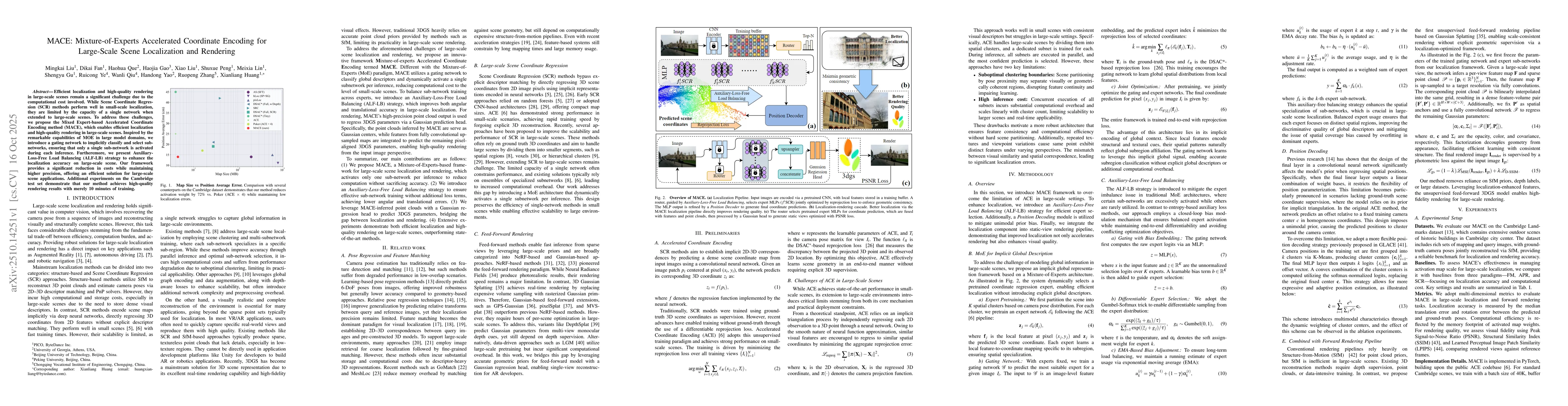 Thumbnail for MACE: Mixture-of-Experts Accelerated Coordinate Encoding for Large-Scale
  Scene Localization and Rendering
