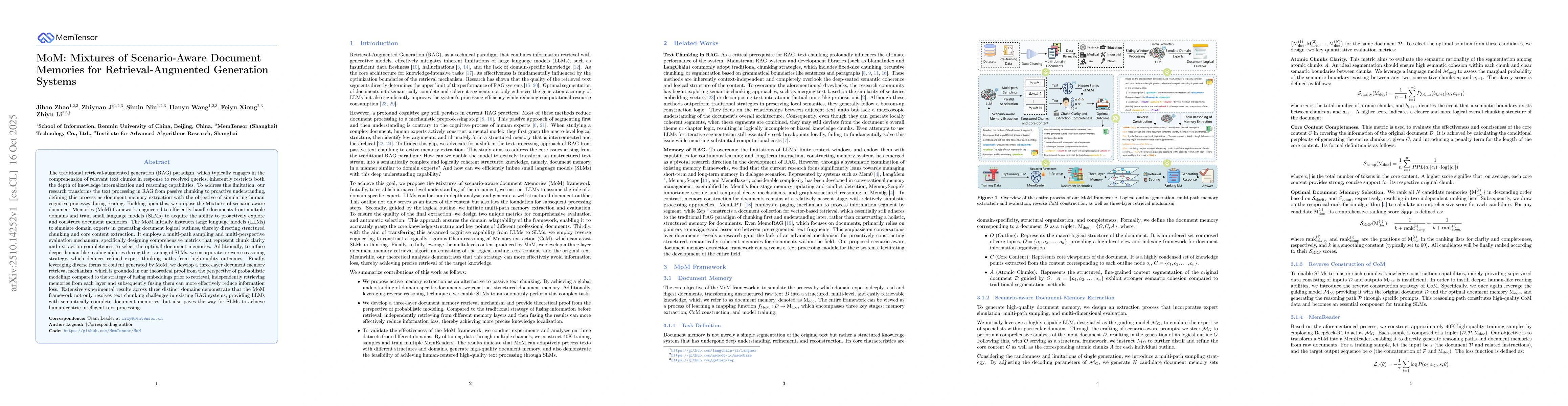 Thumbnail for MoM: Mixtures of Scenario-Aware Document Memories for
  Retrieval-Augmented Generation Systems