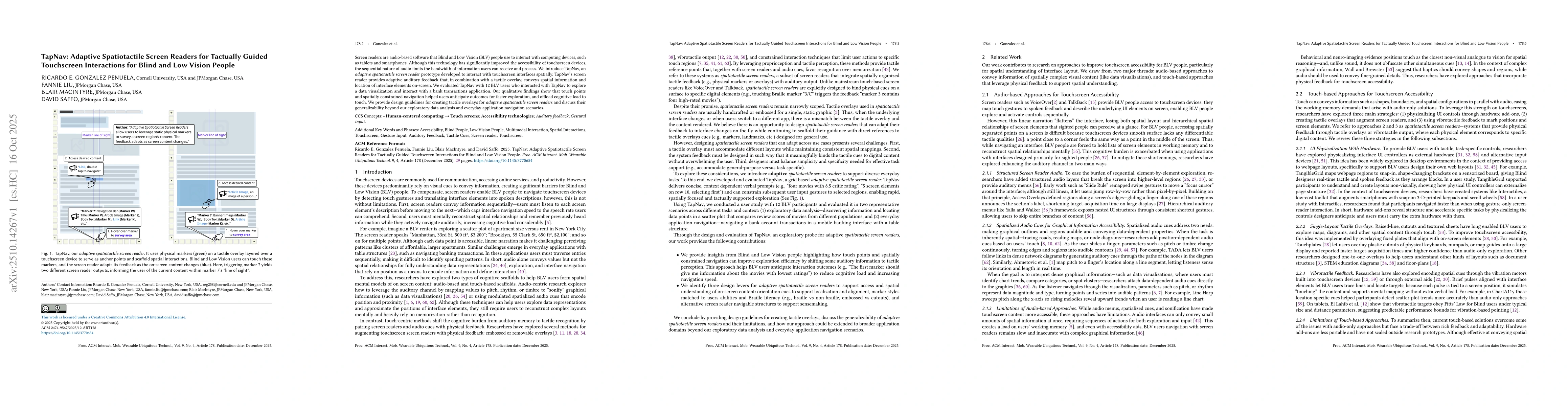 Thumbnail for TapNav: Adaptive Spatiotactile Screen Readers for Tactually Guided
  Touchscreen Interactions for Blind and Low Vision People