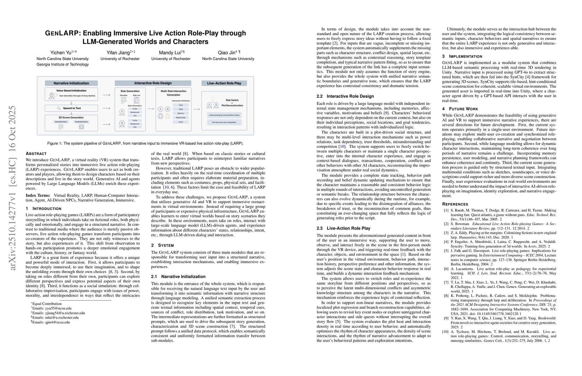 Thumbnail for GenLARP: Enabling Immersive Live Action Role-Play through LLM-Generated
  Worlds and Characters