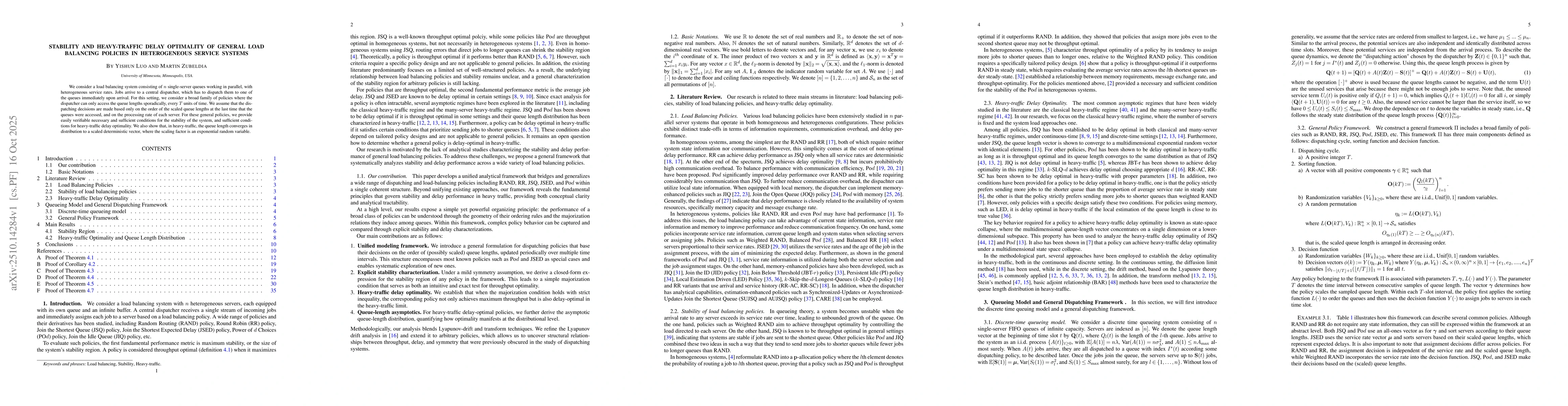 Thumbnail for Stability and Heavy-traffic Delay Optimality of General Load Balancing
  Policies in Heterogeneous Service Systems