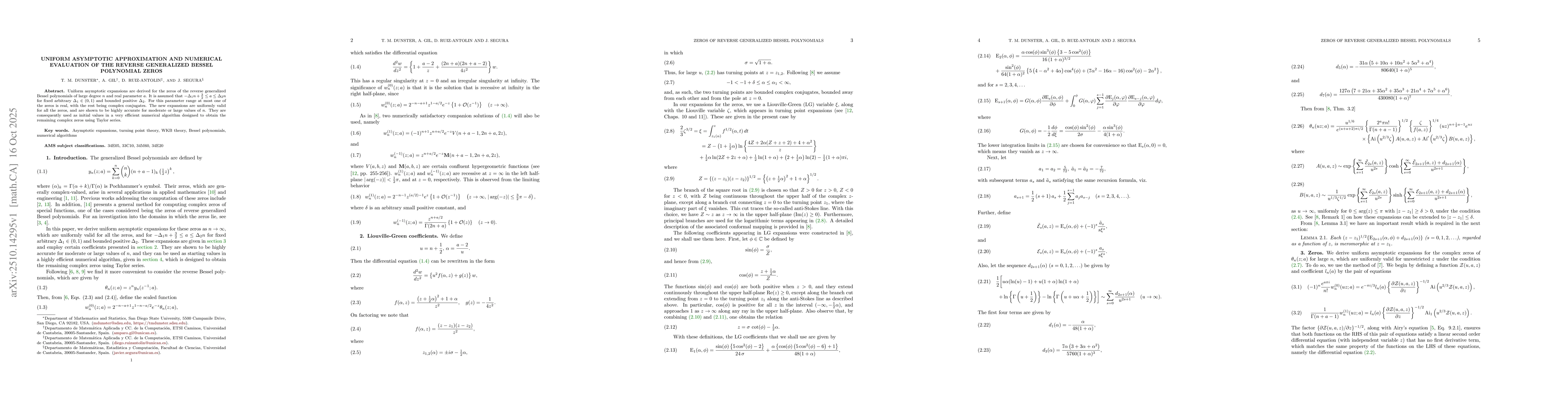 Thumbnail for Uniform Asymptotic approximation and numerical evaluation of the Reverse
  Generalized Bessel Polynomial zeros