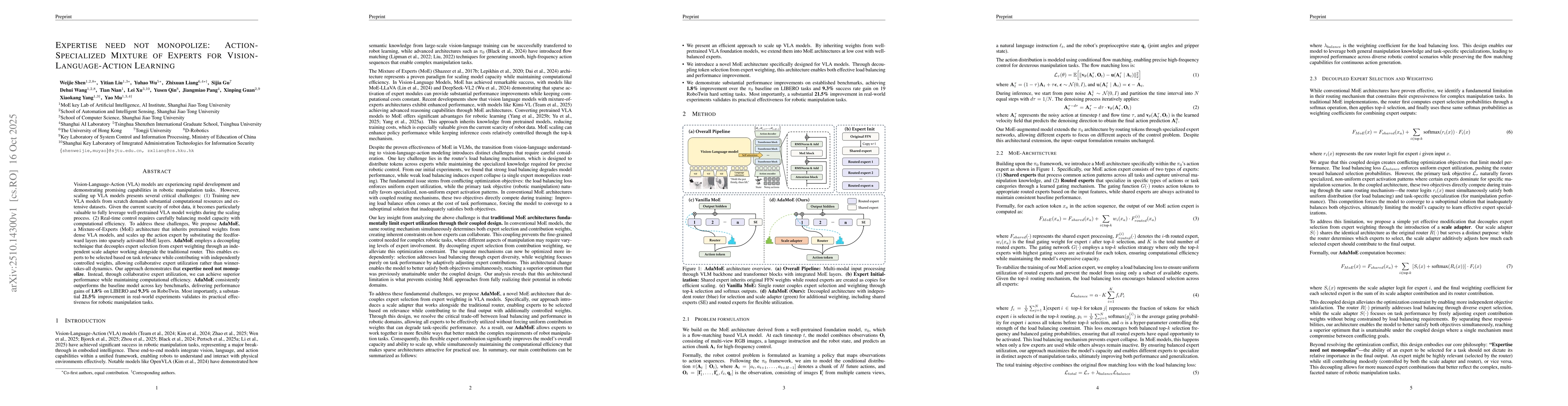Thumbnail for Expertise need not monopolize: Action-Specialized Mixture of Experts for
  Vision-Language-Action Learning