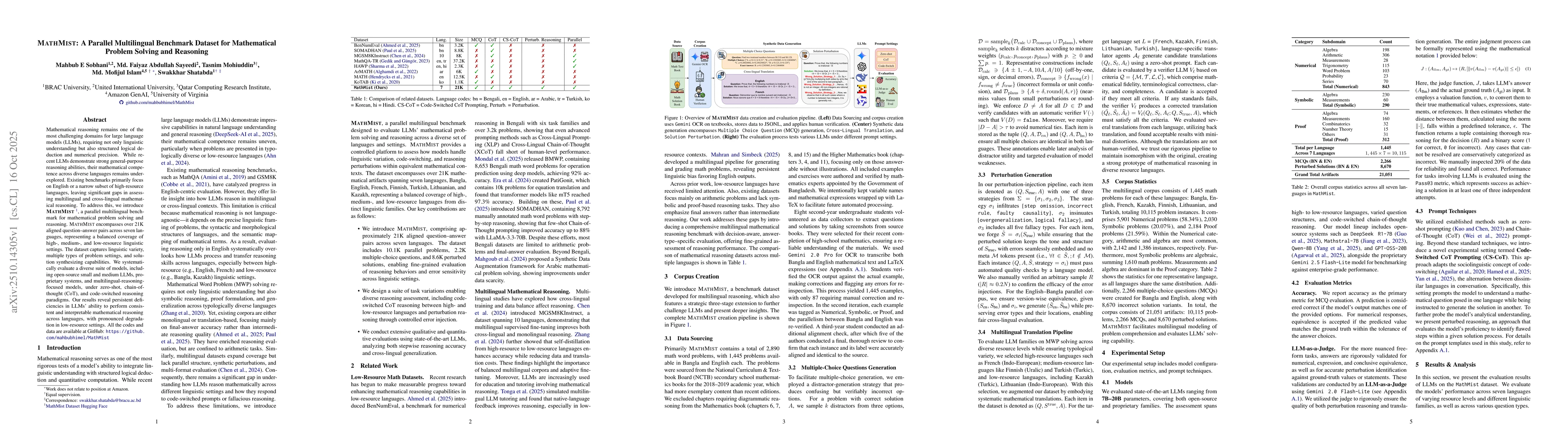 Thumbnail for MathMist: A Parallel Multilingual Benchmark Dataset for Mathematical
  Problem Solving and Reasoning